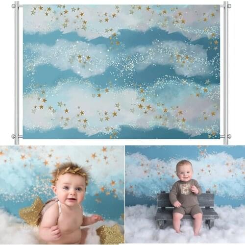 Blue sky cloud Backdrop Child Cake Smash Newborn Baby Photography Background 1st Birthday Party Gold DotsDecoration Banner