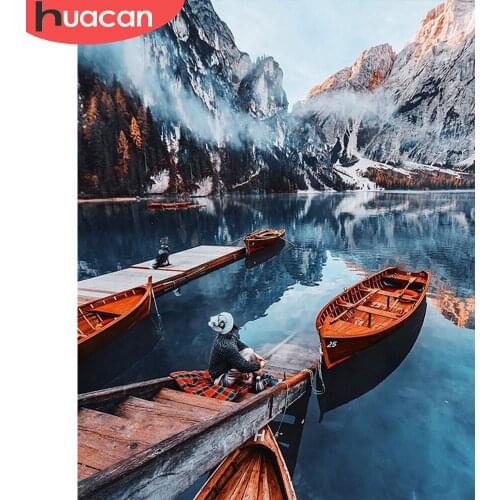 HUACAN Paint By Number Boat Landscape Drawing On Canvas HandPainted Art Gift DIY Pictures By Number Lake Mountain Kits 40x50