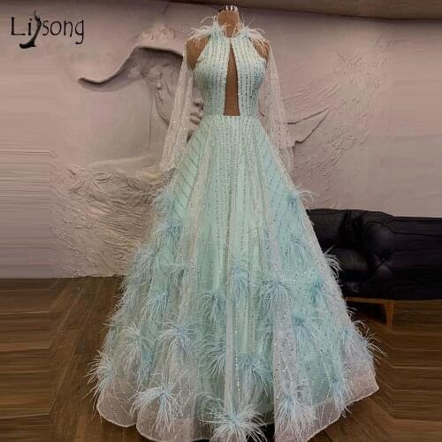 Exquisite Beading Prom Dresses 2021 Luxury Feathers Tulle Mint Green Evening Dresses vestidos robe de soirée Pageant Formal Gown