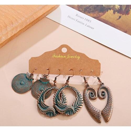 3-Piece Set Of Vintage Bronze Pendant Earrings Bohemian Round Pendant Geometric Pattern Earrings 2020 Indian Gypsy Jewelry Gifts