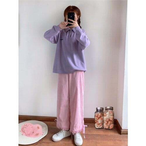 OLOMLB Kawaii Elastic Waist Pants Sweet Japanese Style Wide Legs Clothing For Girl Summer All-Match Cute Bow Corduroy Pink Pants