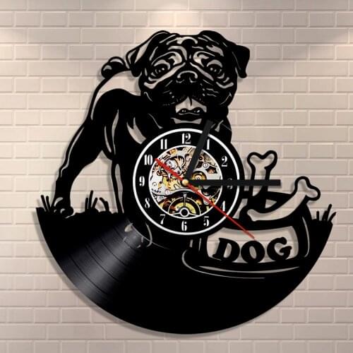 Pug Dog Wall Clock British Bulldog Clock Breeds Gift Dog Lover Vintage Puppy Wall Art Kid Room Wall Decor Vinyl Record Clock