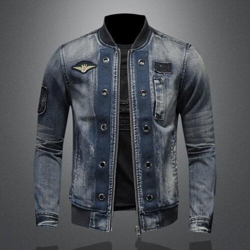 2021 Spring Fall Fashion Casual Mens Solid Color Paste Cloth Zipper Slim Hip Hop Long Sleeve Mens Denim Jacket