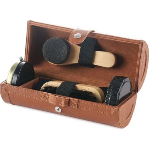 54DA Leather shoes care set of 6 pieces, shoehorn, shoe polish, shoe brush, cleaning cloth, sponge brush, sponge wipe