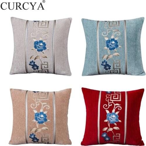 CURCYA Chenille Floral Jacquard Cushion Covers Flower Embroidery Sofa Home Decorative Throw Pillow Case 45x45cm