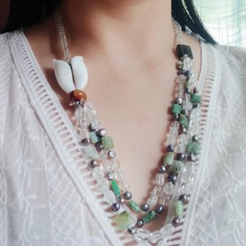 Lii Ji Green Necklace Chrysoprase Freshwater Pearl Porcelian Flowers Crystal Quartz Mutil Strands Statement Necklace 60cm