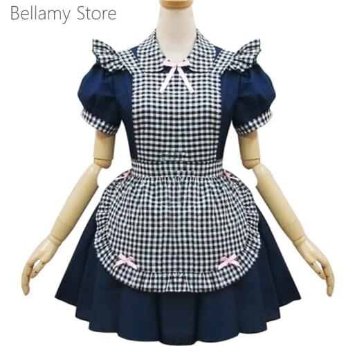 Japanese Cosplay dark blue plaid restaurant maids dress