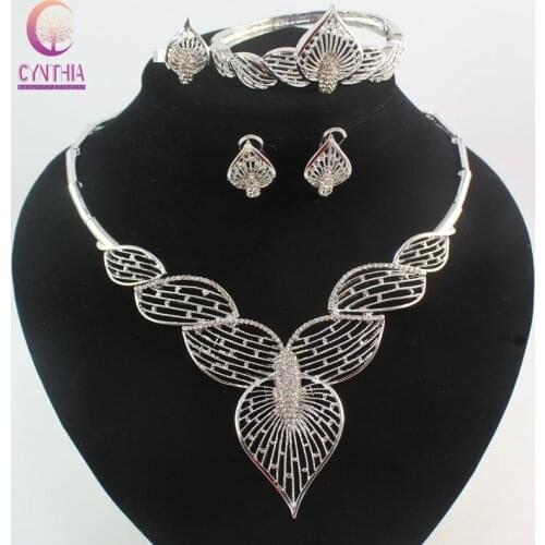 Luxury Mosaic crystal Silver Color jewelry fashion Women dubai jewelry sets necklace Earrings Rings Bangle party gift
