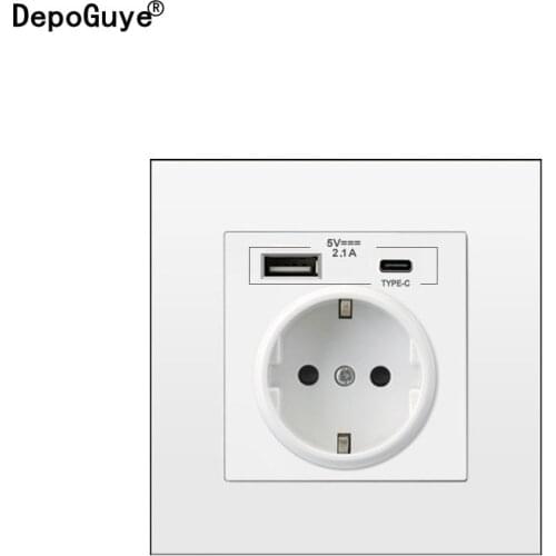 Type C USB Port Wall Fast Charger Adapter for Mobile Phone, Glass Side EU Plug USB Wall Socket, 16A Power Socket AC110V-250V