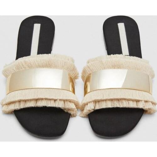 2021 Spring/summer Bohemian Beach Shoes Women Flats Sandals Furry Fringed Flat Flip Flops Casual Slides Sandalias Femininas