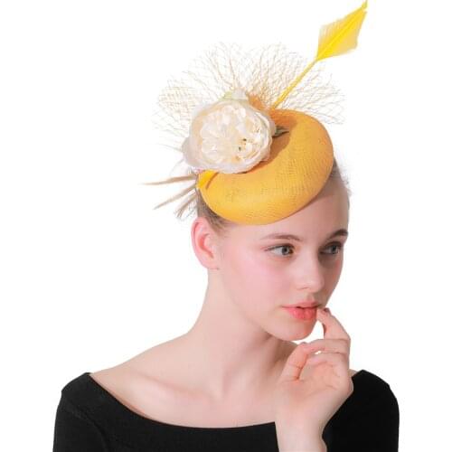Yellow Color Elegant Fancy Floral Pillbox Hat Veils Married Bridal Party Hat Fascinators For Women Chapeau Tea Hair Accessories
