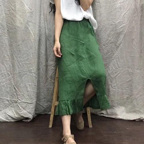 Women Loose Linen Skirts Ladies Elastic Waist Summer Vintage Skirts Female Flax Solid Color Skirt 2020