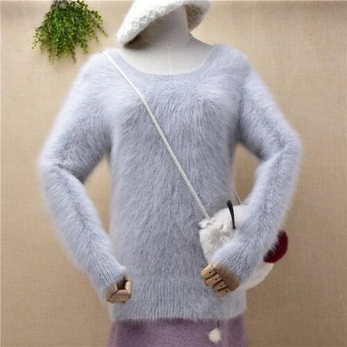 Female women hairy plush mink cashmere knitted long sleeves slim blouses pullover angora rabbit hair winter jumper sweater pull