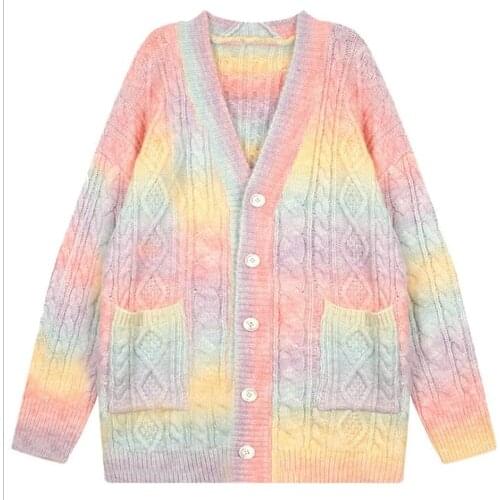 2021 Women Rainbow Cardigan Autumn Winter Sweet Kawaii Sweater Coat Female Long Korean Button Down Knitted Shir