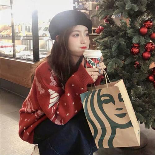 Little Dear Christmas Red Sweater for Women Loose Pullover Woman Sweaters Femme Chandails Pull Hiver