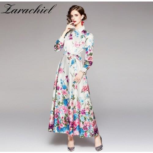 2021 Autumn Bohemian Vacation Floral Dress Womens Long Sleeve Single Breasted Flower Print Elegant Belt Lace Up Shirt Vestidos