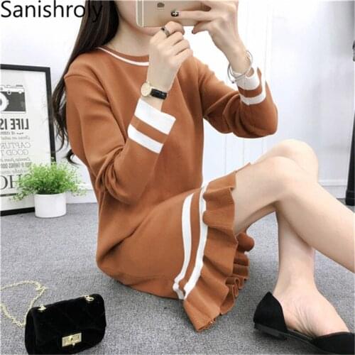 Sanishroly 2018 Women Striped Sweater Dress Autumn Ruffles Knitted Dresses Ladies Long Sleeve Mermaid Dress Trumpet Vestidos 247