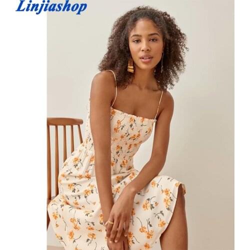 Chic Yellow Floral Print Adjust Spaghetti Straps Dress Sexy Tank Vestidos Vintage Tube Top Women Midi Dress