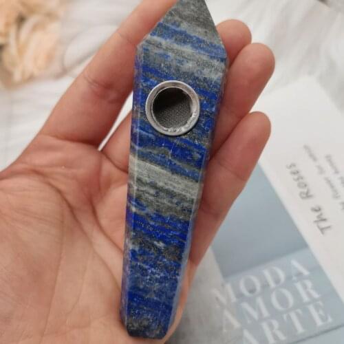 1pcs Natural lasurite Quartz Smoking Pipe Crystal Point Wand Healing Crystal GemstoneWith Metal Filter