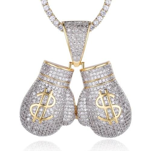 100% Micro Zircon Hip Hop Dollar Boxer Gloves Pendant Necklace For Men Jewelry Party Zircon Tennis Chain CZ Rapper Jewelry