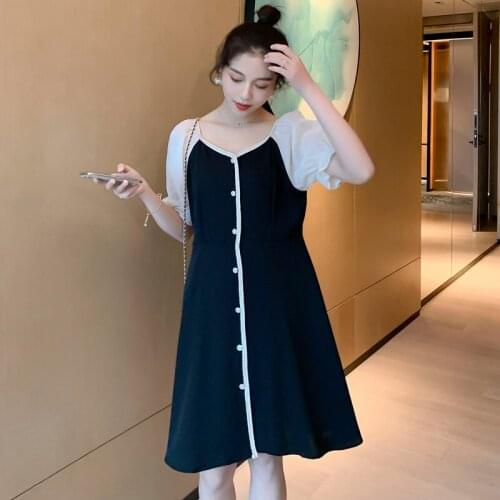 185# Maternity Clothes Summer Short Sleeves Button V Neck Easy Matching Loose Stylish Dress Pregnant Women Mom Dress
