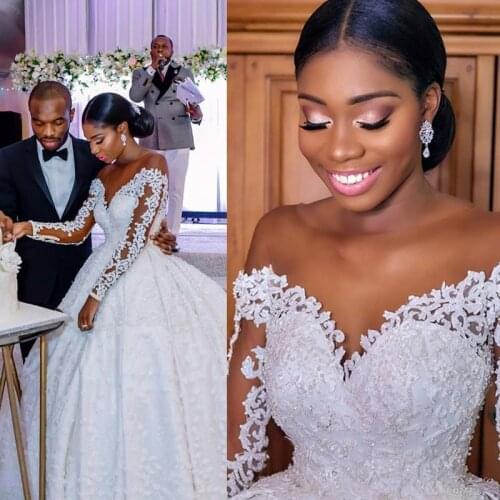 African Long Sleeve Lace Ball Gown Wedding Dresses Cathedral Train Illusion Pearls Major Beading Bridal Gowns Custom Made Bridal