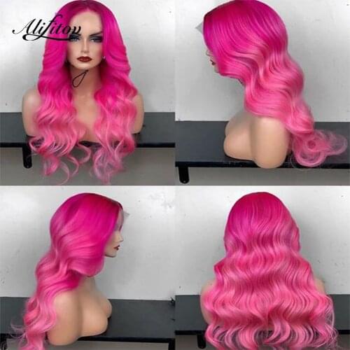 ALIFITOV Rainbow Colored Lace Front Wigs Blue Grey Ombre Hot Pink Lace Front Human Hair Wigs Body Wave Transparent Lace Part