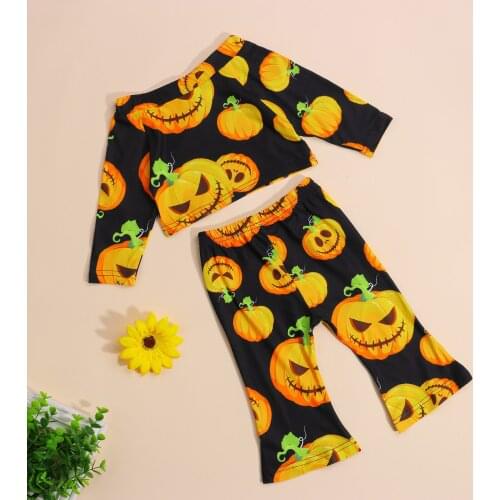 Baby Halloween Long Sleeve + Flared Pants, Pumpkin Print Elastic Waist Festive Clothing