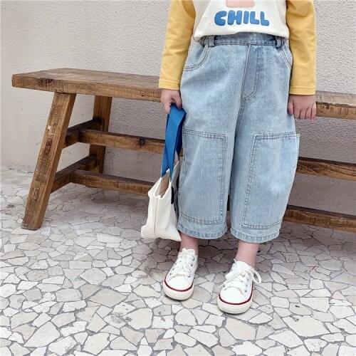 Childrens Jeans 2021 Spring New Toddler Girls Boys Korean Casual Loose Denim Pants Kids Fashion Wide Leg Pants Baby Trousers