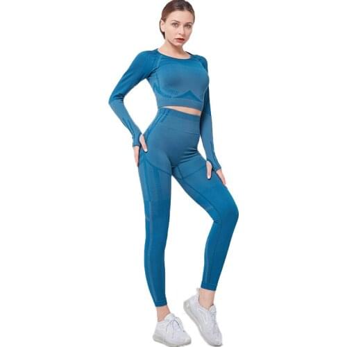 Seamless Women 2 Piece Sports Set Long Sleeve+High Waist Leggings Sports Suit Wear For Women Gym Workout Super Elastic Clothes