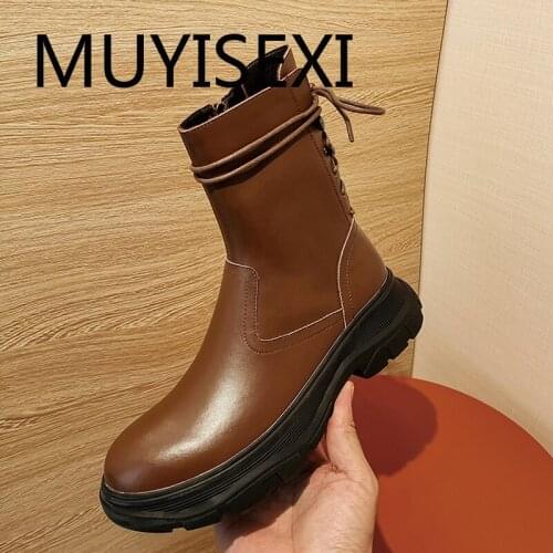 Handsome lady genuine leather platform round toe 4cm thick med heel lace up zipper mature motorcycle ankle boots LDI27 MUYISEXI