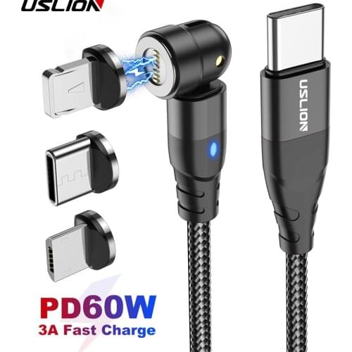 USLION 60W Magnetic Cable Type C to Type C Cable for Redmi Note 9s Huawei P40 PD Fast Charging for MacBook Pro Micro USB Cable
