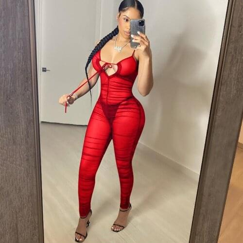 MHCMBSBS Sexy Mesh See Through Ruched Jumpsuits Club Outfits Women One Piece Romper Overalls 2021 Summer Fashion Baddie Clothes