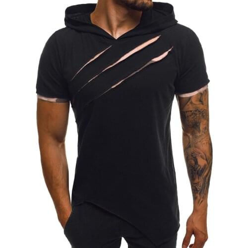 Mens T-shirt Camisetas Summer Slim Short Sleeve Hooded T Shirt Casual Patchwork Male tee Top Streetwear Camisetas hombre