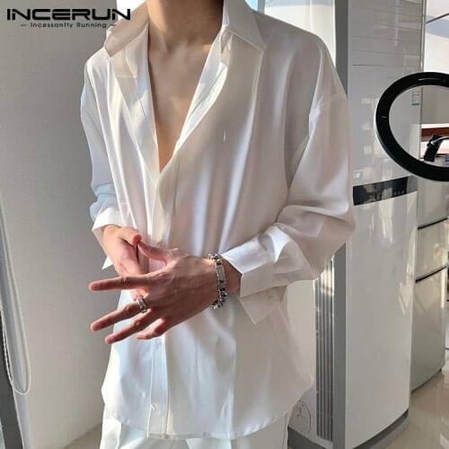 Men Casual Shirt Solid Color Turn Down Collar Long Sleeve Streetwear Men Clothing 2021 Korean Button Brand Camisas S-5XL INCERUN
