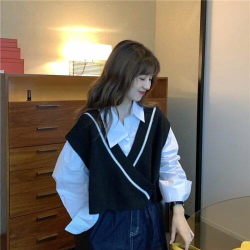 Autumn Two Piece Outfits Women Casual Suit Long Sleeve Loose Shirt Tops and Knitted Sweater Vest Korean Chic 2 Piece Set Q871