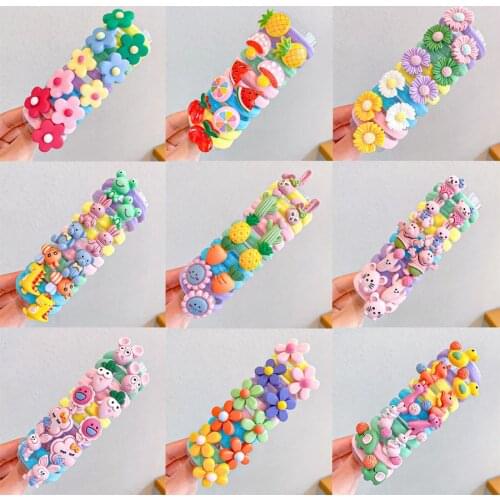 New 10PCS/Set Rainbow Fruits Flower Nylon Cartoon Elastic Hair Bands Women Girl Sweet Rubber Tie Hair Rope Scrunchie Headwear