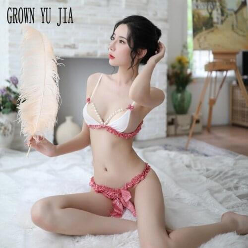 Sexy Womens Sissy Lingerie set open cup bra G-string exotic set Erotic beading Underwear micro bikini extreme exotic apparel