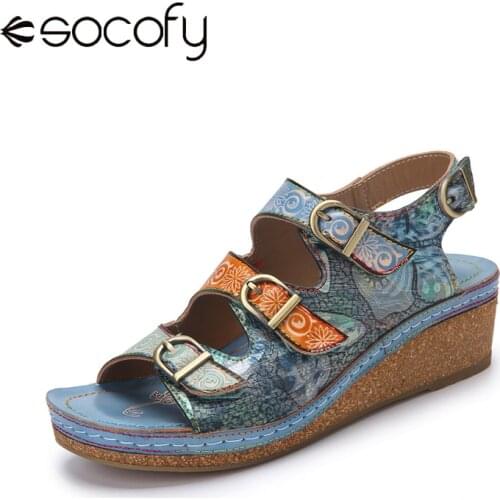Socofy Retro Ethnic Print Splicing Leather Wedges Buckle Decor Triple Band Hook Loop Sandals Summer Womens Leather Shoes