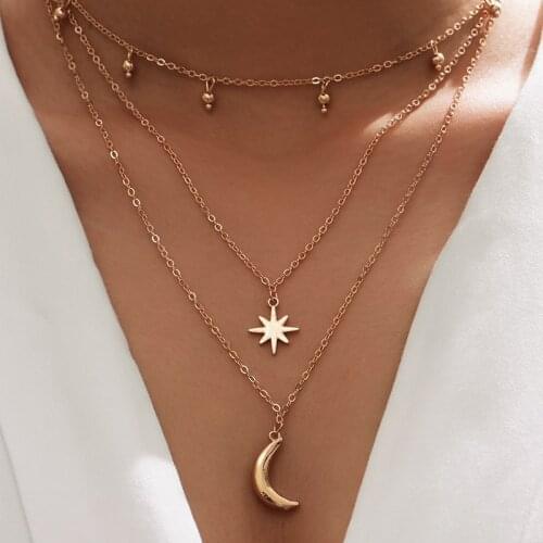 Tocona Classical Star Moon Pendant Neckalce for Women Charms Multi-layer Geometry Alloy Metal Chain Adjustable Jewelry Collar