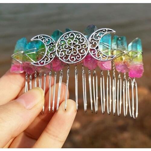 Bohemian Rainbow Raw Crystal Quartz Hair Comb Vintage Antique Moon Witch Bridal Hairpin Clip Wedding Holiday Party Tiara Jewelry