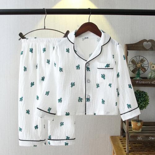 Spring and summer childrens cotton gauze pajamas Girls Boys Cotton Yarn childrens thin long sleeve short sleeve home clothes