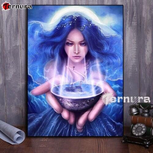 Cross Stitch Fantasy woman holding a cup sailboat Diamond Painting DIY Full Square Diamond Picture GiftDiamond Embroidery Mosaic