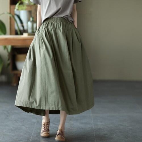 2New Women Skirts Summer Vintage Solid Color Loose Pockets Folds Female Wild Mid-Claf Length Full skirt Fashion