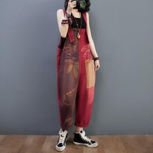 M-XXL High Quality Women Denim Loose Cropped Overalls Women Casual Printed Stitching Retro Jumpsuit