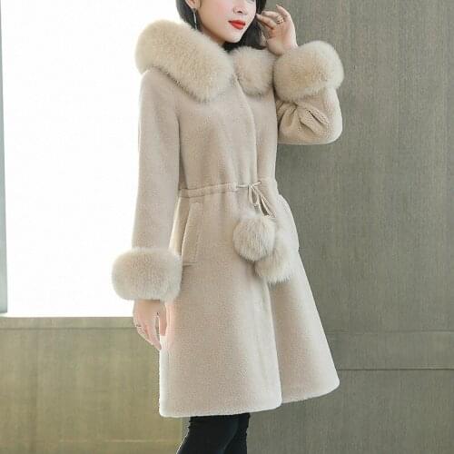 Grain Sheep Shearing Coat Womens Middle Long 2021 New Wool Fur Slim Fox Hair Hooded Jacket Thick Warm Beige Winter Outwear