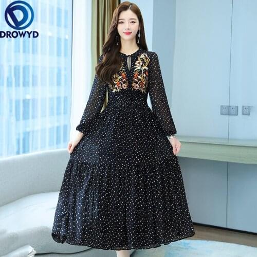 2021 New Autumn Beach Boho Maxi Dress Fashion Dot Print O-neck Long Sleeve Chiffon Long Dresses for Women Elegant Party Vestidos
