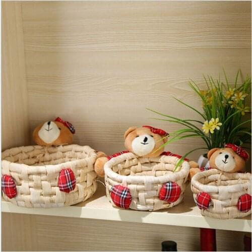 3pcs Home Circle Straw Cartoon Bear Jewelry Storage Box Counter Snack Box Red Color Remote Control Headphones Storage Basket