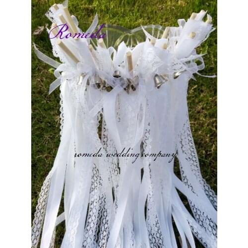 Free shipping 50pcs/lot New Arrival white Wedding Wands Lace ribbon stick with horns Bells - Custom Colors- ribbon streamers