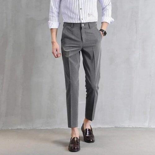Ankle-Length Linen Pants Men Slim Fit Dress Pants Casual Trousers Mens Formal Suit Pants 2020 New Grey Black Beige L91